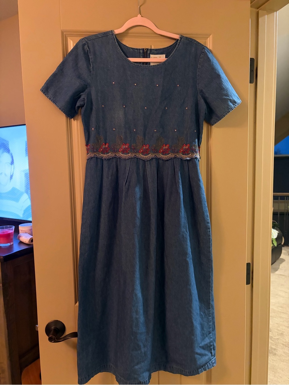 VIP Blue Denim Midi Dress with Embroidery Size 8 Petite